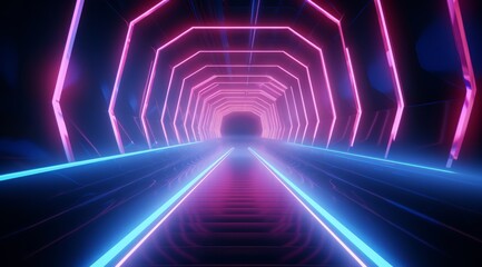 Neon Tunnel with Vibrant Pink and Blue Lights, Futuristic Design, Copy Space