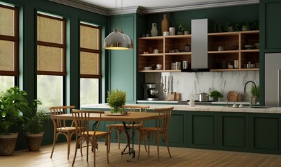 Luxury kitchen room corner design with dark green wall, Generative AI 