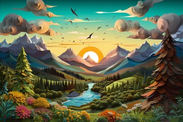 Artistic Nature: Saturday Paper Art Illustration in Summer Background with Trees, Sun, and Sky