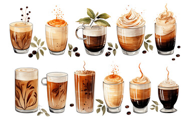 Coffee Watercolor on white background. Watercolor painting daily routine objects. Hand drawn colorful Sublimation design