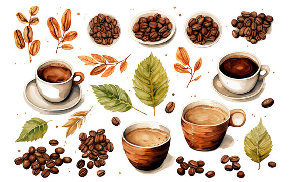 Coffee Watercolor on white background. Watercolor painting daily routine objects. Hand drawn colorful Sublimation design