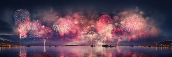 Spectacular Fireworks Display Lighting up the Night Sky over Water and City Skyline