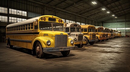 Typical American school buses in bus depot, 16:9