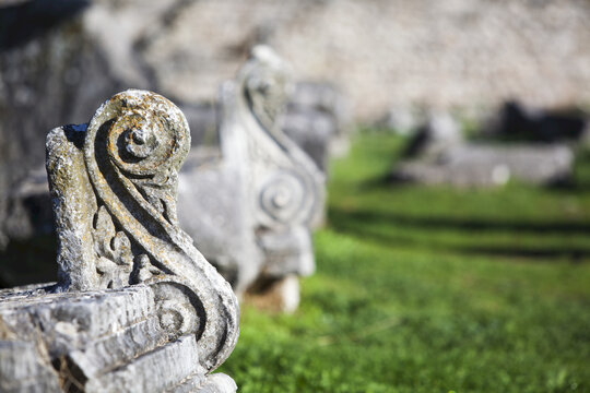 Close Up Of Stone Carving In Scroll Shape; Philippi, Greece