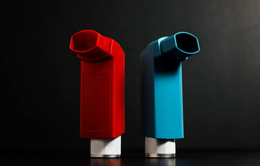 Two asthma inhalers, in red and blue, isolated on a dark background. Central composition and...