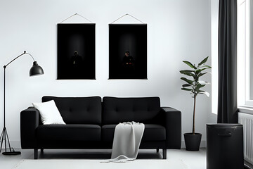 Black modern living room with two hanging poster mockups and sofa. Dark vibes living room