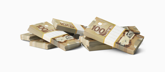 Bundles Of One Hundred Dollar Bills On A White Background; Toronto, Ontario, Canada
