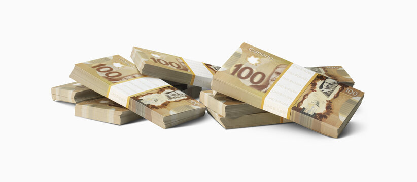 Bundles Of One Hundred Dollar Bills On A White Background; Toronto, Ontario, Canada