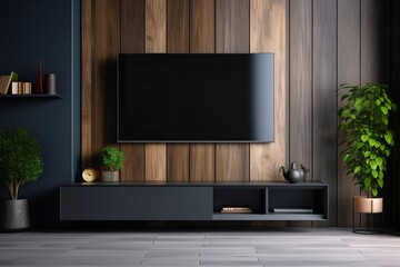 Wooden wall mounted tv in modern living room with decoration on dark wall background, Generative AI 