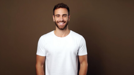 Smile Young Man fit in Frame wearing bella canvas white shirt mockup, isolated color background