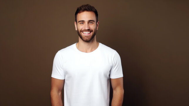 Smile Young Man fit in Frame wearing bella canvas white shirt mockup,  isolated color background