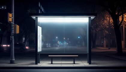 Nighttime Bus Shelter with Traffic Light Illumination