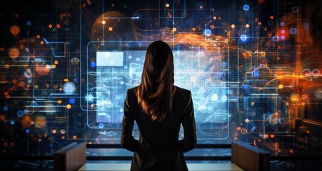Businesswoman Analyzing Data on Digital Screen in Modern Office
