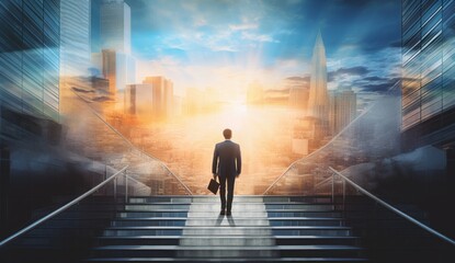 Obraz premium Businessman Climbing Staircase Towards a Bright Future