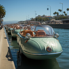 Amphibious cars on the bay with horns
