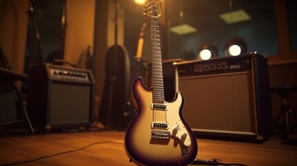 Electric guitar with amplifiers in music studio