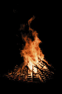 Guy Fawkes Night, Bonfire Burning At Night; London, England