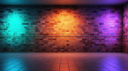 Background of an empty room with brick walls and neon lights iridescent