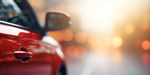 Minimal copy space, edge of red car, close up bokeh photoshoot for dark background product...
