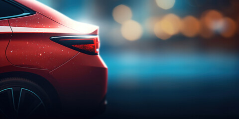 Minimal copy space, edge of red car, close up bokeh photoshoot for dark background product...