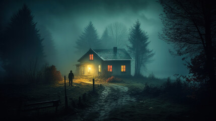 Misty lights a lonely cottage at night with a man walking