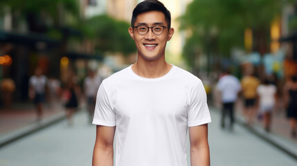 Smile Asian man fit in Frame wearing bella canvas white shirt mockup,  isolated color background