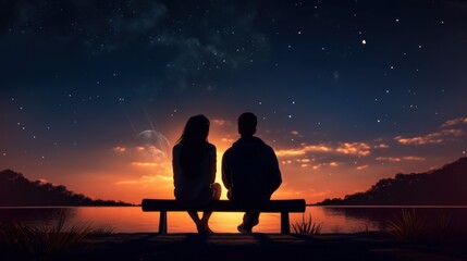 Silhouette couple looking the moon in the sky at night