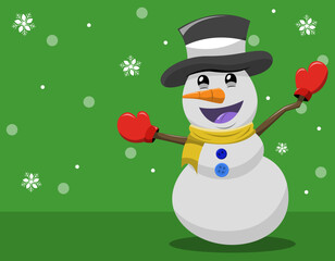 Vector de un tierno muñeco de nieve alegre con sombrero y bufanda amarilla, rodeado de copos de nieve, ilustración vectorial de un muñeco de nieve feliz con una zanahoria como nariz, tarjeta navideña 