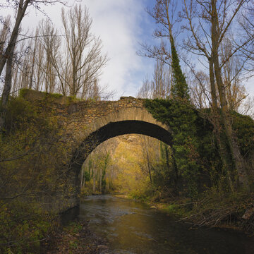 Medieval Bridge Called Puente De Santa Maria On The River Cidacos, In The Village Of Yanguas; Soria, Spain