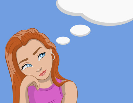 Vector animado de mujer pensando, mujer usando su imaginaci&oacute;n, vector de pensamiento, ilustraci&oacute;n de una idea, vector femenino, dibujo animado, representaci&oacute;n animada