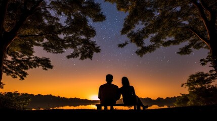 Silhouette couple looking the moon in the sky at night