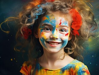 happy child with colorful paint on their face. generative ai.