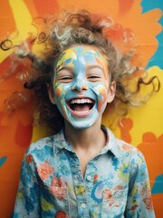 happy child with colorful paint on their face. generative ai.