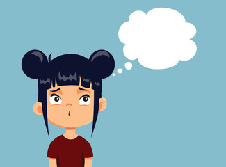 Puzzled Girl Thinking Feeling Sad Vector Cartoon Illustration. Stressed kid feeling clues wondering what to do 

