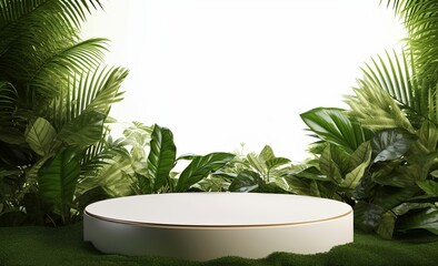 White podium in tropical forest for product presentation and on transparent background, Generative AI 