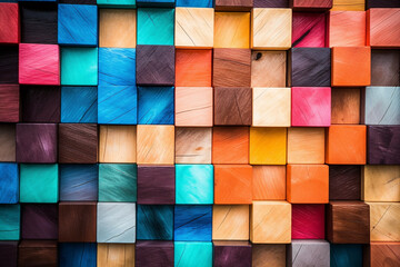 A wall made up of multicolored wooden cubes, Generative AI
