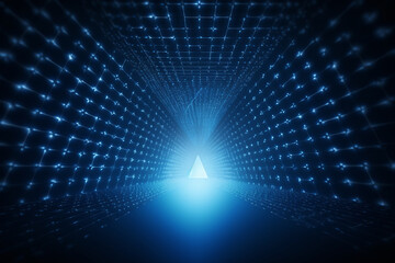 A triangle-shaped tunnel filled with dots, technology background, hi-tech, Generative AI