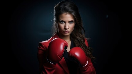 Serious businesswoman posing in red-coloured boxing gloves isolated on dark. Real leader in business suit looking at the camera.