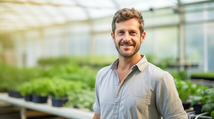 Portrait of a handsome smiling worker in uniform standing in the greenhouse with a green plantation in the background. Generative Ai.