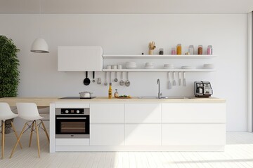 Modern white kitchen interior with furniture, kitchen interior with white wall, Generative AI 