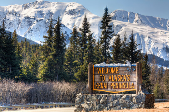 Welcome To Alaska's Kenai Peninsula Sign And The Kenai Mountains, Southcentral, Alaska, Spring, Hdr