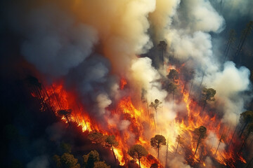 Fototapeta na wymiar Forest fire burning with a lot of smoke, Generative AI