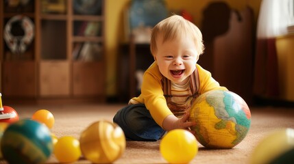 Fototapeta na wymiar happy child with down syndrome lost in play having fun. generative AI