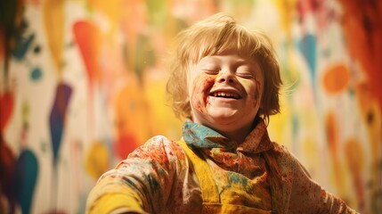 happy child with down syndrome lost in play having fun.  generative AI
