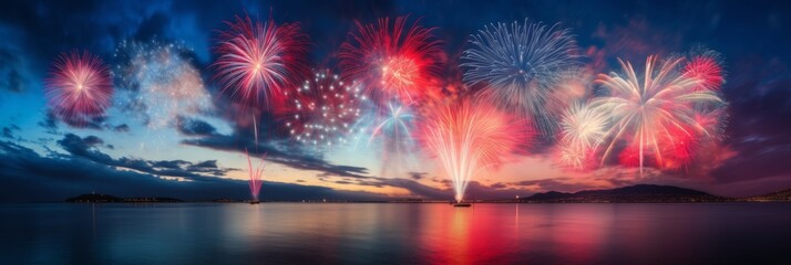 Spectacular Fireworks Display Illuminating the Night Sky over the Ocean