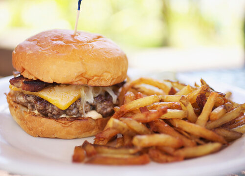 A hamburger and fries; Hawaii united states of america