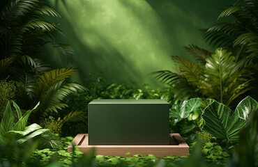 Wooden cube podium in tropical forest for product presentation and green background, Generative AI 