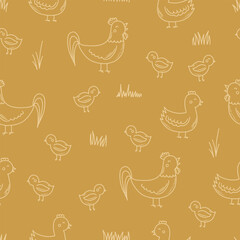 Seamless pattern with chiken, rooster and chick. Cute cartoon characters. Animal print.