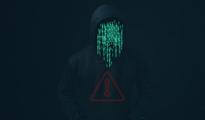 Hacker standing with data protection sign on dark background. Concept of information security in internet networks and espionage. Virus attack. Hacker attack.