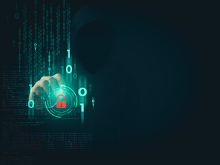 Hacker is pointing a pen at a group of zeros on a dark background. Concept of information security in internet networks and espionage. Network espionage. Virus attack. Hacker attack.